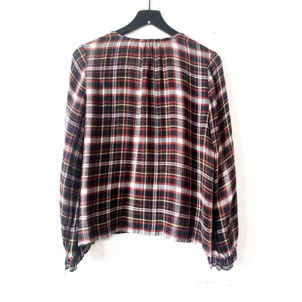 Madewell Ruffle Cuff Plaid Button Blouse Brown Rust Black Size M - Picture 2 of 9